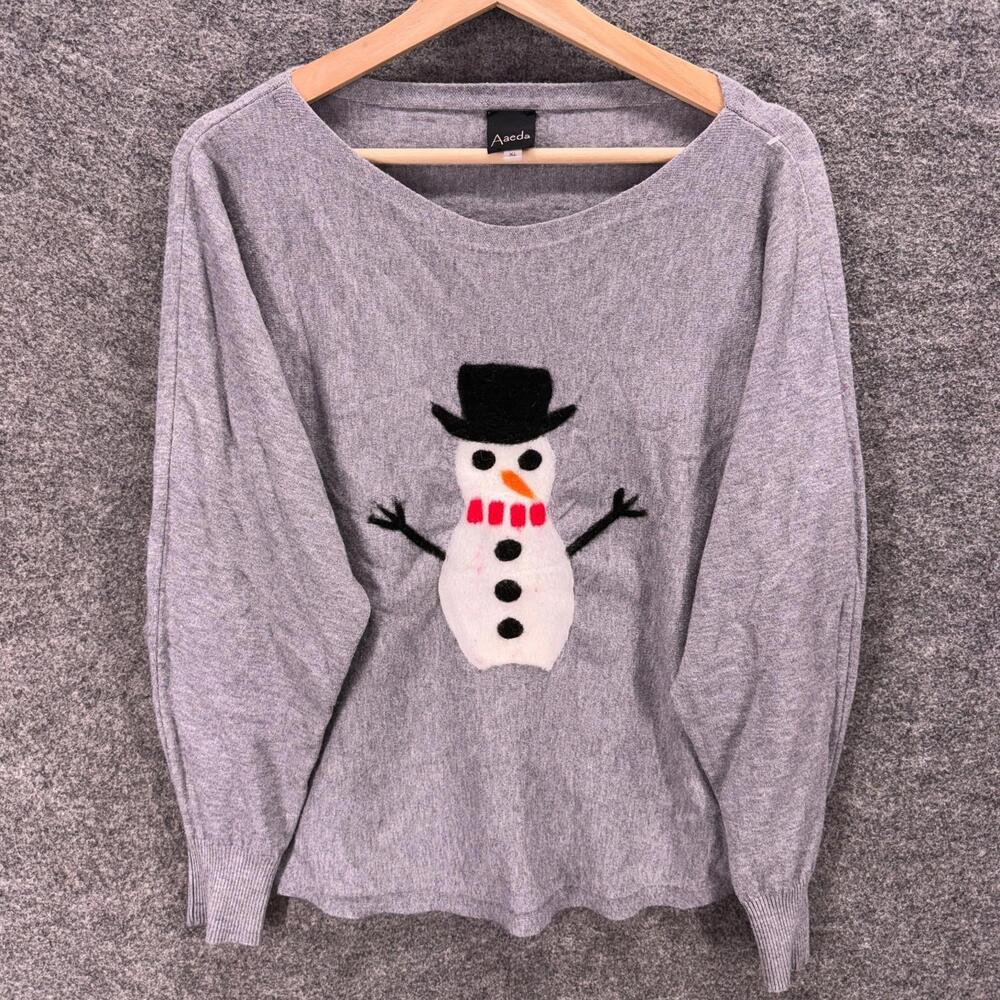 Aaeda Sweater Pullover Women XL Gray Snowman Knit Long Sleeve Rayon Casual